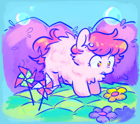 ambiguous_feral ambiguous_gender bubble eyelashes featureless_legs feral flower fur hair monotone_body monotone_fur open_mouth orange_eyes outside pink_body pink_fur pink_hair pink_tail pinwheel plant pupils quadruped small_pupils solo standing surprised tail young young_ambiguous young_feral sheep-kinta fluffy_pony fluffy_pony_(species) mammal digital_media_(artwork) english_description shaded