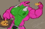 abs biceps bodily_fluids clothed clothing food jockstrap male muscular muscular_male nipples open_mouth pecs pizza simple_background solo sweat tongue underwear underwear_only entitropy barney_and_friends pbs barney_the_dinosaur dinosaur prehistoric_species reptile scalie 2023 absurd_res digital_media_(artwork) hi_res signature