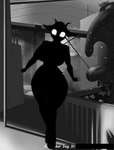 alley anthro arcology auri_(thehuskylord) big_breasts blac black_body bovid breasts caprine facial_hair factory female fungus glowing glowing_eyes goat hi_res horn kinktober looking_at_viewer mammal monochrome mushroom simple_background solo thehuskylord wide_hips