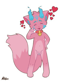 anthro balls collar cute_fangs cute_pose facial_markings fangs fur genitals head_markings male markings nipples nude penis pink_body pink_fur pose solo tail teeth young young_anthro young_male ryomin valyn_(ryomin) domestic_cat felid feline felis mammal hi_res