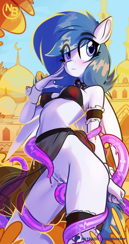 anthro blue_hair blush bottomless breasts butt clothed clothing detailed_background eyelashes female genitals hair long_eyelashes nipple_outline outside pubes purple_eyes solo tentacles vulva wings nevobaster mythology fan_character graceful_motion equid equine mammal mythological_creature mythological_equine pegasus 2026 absurd_res hi_res