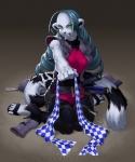 anthro biped blue_hair breasts clothing female footwear fur green_eyes hair kneeling sandals shoes smile solo undercut white_body white_fur wide_hips j_axer kassandra lemur mammal primate ring-tailed_lemur strepsirrhine 2005