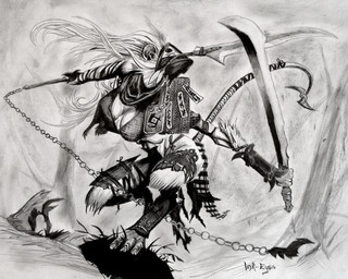 armor breasts chain cleavage clothed clothing crouching dual_wielding female fighting_pose hair holding_object holding_weapon long_hair mask pose solo tail weapon wind augustas hasbro magic:_the_gathering wizards_of_the_coast ink-eyes mammal nezumi_(magic:_the_gathering) rodent greyscale hi_res monochrome traditional_media_(artwork)