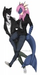 anthro black_hair blue_body clothed clothing duo female fur green_eyes hair hug necktie pink_hair simple_background tail white_background white_body white_fur ashleyzombie mythology rizz canid canine canis dragon fish hybrid mammal marine mythological_creature mythological_scalie scalie shark wolf hi_res