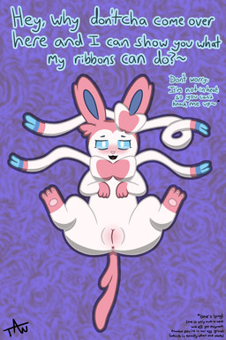 3_toes abstract_background anus anus_blush asterisk_(symbol) bedroom_eyes black_text blue_body blue_eyes blue_fur blue_text blush body_blush bow_ribbon bow_tie cute_fangs eyelashes fangs feet female feral fur genitals humanoid_genitalia humanoid_vulva in_heat innie_vulva looking_at_viewer lying narrowed_eyes on_back paws pink_body pink_fur pink_nose plump_labia pregnancy_risk ribbons seductive silhouette smile solo teeth text toes vulva vulva_blush white_body white_fur trenton_worthy_(artist) nintendo pokemon eeveelution felid feline generation_6_pokemon mammal pokemon_(species) sylveon 2:3 absurd_res aliasing alternate_version_at_source binary_drawing cel_shading colored_line_art digital_drawing_(artwork) digital_media_(artwork) handwritten_text hi_res shaded signature