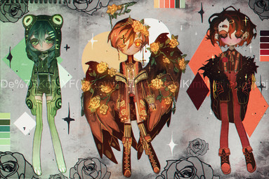 abstract_background ambiguous_gender ambiguous_human animal_hood black_sclera clothed clothed_human clothed_male clothing coat color_swatch expressionless flower frog_hood fully_clothed fully_clothed_human fully_clothed_male green_clothing green_eyes green_hair green_legwear green_thigh_highs group hair legwear male not_furry orange_clothing orange_coat orange_eyes orange_hair orange_topwear orange_wings overalls plant red_clothing red_eyes red_hair red_overalls rose_(flower) sparkles thigh_highs topwear trio wings yellow_flower yellow_rose pita_potato human humanoid mammal winged_humanoid 2019 model_sheet watermark