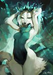 anthro antlers female fur green_eyes hand_on_head horn nude solo white_body white_fur juliathedragoncat canid canine fox mammal 2023