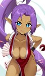 blue_eyes breasts brown_body brown_skin cleavage clothed clothing cosplay crossover_cosplay eyebrows eyelashes female hair hand_on_hip humanoid_pointy_ears long_hair looking_at_viewer not_furry pointy_ears ponytail purple_hair simple_background smile smiling_at_viewer solo revenant_(artist) fatal_fury shantae_(series) snk wayforward mai_shiranui shantae genie humanoid 2023 absurd_res crossover hi_res