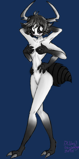 5_fingers 6_arms 8_eyes anthro blush breasts claws collarbone covering covering_breasts fangs female fingers hair horn multi_arm multi_eye multi_limb short_hair smile solo standing tail teeth toe_claws dlnan0 celeste_(dlnan0) arachnid arthropod spider 1:2 alpha_channel greyscale monochrome