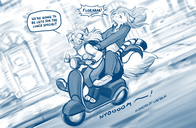 anthro biped bottomwear clenched_teeth clothed clothed_anthro clothed_female clothing dialogue digitigrade digitigrade_footwear duo eyewear feet female fingers footwear front_view fully_clothed fully_clothed_anthro fully_clothed_female fur furgonomic_footwear furgonomics goggles hair markings open_mouth open_smile outside riding_scooter scared scooter sitting smile speech_bubble striped_body striped_fur striped_markings striped_tail stripes tail tail_markings teeth text toeless_footwear toes topwear conditional_dnp tom_fischbach twokinds flora_(twokinds) natani canid canine canis felid keidran mammal pantherine tiger wolf 2026 blue_and_white digital_drawing_(artwork) digital_media_(artwork) english_text hi_res monochrome sketch trans_(lore) trans_man_(lore)