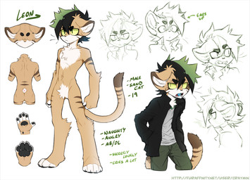 anthro brown_body brown_fur clothed clothing eyebrows fur green_hair green_sclera hair hand_in_pocket lollipop_in_mouth male multiple_angles nude_anthro pockets simple_background solo tail text thick_eyebrows white_background white_body white_fur craymin leon_(craymin) felid feline felis mammal sand_cat character_name english_text model_sheet url