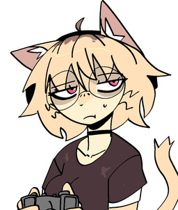 anthro black_choker black_jewelry black_necklace blonde_hair bodily_fluids breasts choker clothed clothed_anthro clothed_female clothing controller electronics eyewear female female_anthro front_view game_controller glasses hair headphones holding_controller holding_game_controller holding_object jewelry mouth_closed necklace round_glasses shirt simple_background sweat sweatdrop tail topwear wearing_glasses white_background white_inner_ear xarop77 domestic_cat felid feline felis mammal 2025 bust_portrait digital_drawing_(artwork) digital_media_(artwork) portrait