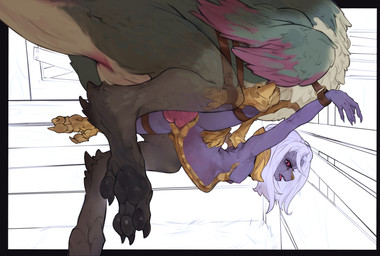 abdominal_bulge anthro anthro_on_feral arms_tied barn bdsm belly_riding bestiality bondage bound breasts claws cuff_(restraint) female feral genitals internal knot knotted_penis large_penetration legs_tied male male/female penetration penile penile_penetration penis red_eyes restraints ridged_knotted_penis ridged_penis small_breasts vaginal vaginal_penetration vulva anonymous_artist capcom final_fantasy final_fantasy_xiv monster_hunter mythology square_enix nael_deus_darnus bird_wyvern dragon mythological_creature mythological_scalie scalie seikret absurd_res hi_res