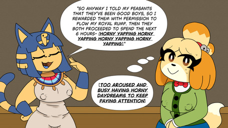 anthro aroused big_breasts bodily_fluids breasts clothed clothing duo erect_nipples female nipple_outline nipples sweat scor-chii animal_crossing nintendo ankha_(animal_crossing) isabelle_(animal_crossing) canid canine canis domestic_cat domestic_dog felid feline felis mammal shih_tzu toy_dog absurd_res hi_res