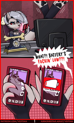 anthro cellphone chair claws computer dialogue electronics facial_scar female furniture grey_body hair male office_chair pawpads paws phone piercing profanity red_eyes scar solo text white_body vestina hellaverse helluva_boss mythology loona_(helluva_boss) vortex_(helluva_boss) canid canid_demon canine demon hellhound mammal mythological_canine mythological_creature 2025 absurd_res comic english_text hi_res