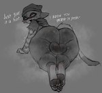 anthro balls big_butt blush bodily_fluids butt clothing genitals grey_background gynomorph half-closed_eyes headgear headwear intersex musk narrowed_eyes pawpads simple_background solo sweat sweaty_balls sweaty_butt sweaty_genitalia tail talking_to_viewer text thick_thighs wide_hips fuzzycreature epic_games fortnite meow_skulls domestic_cat felid feline felis mammal absurd_res english_description english_text hi_res monochrome