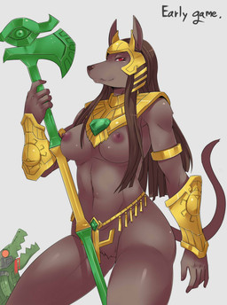 5_fingers anthro armor axe black_body black_nose black_skin blood bodily_fluids breasts brown_hair clothed clothing crossgender drooling duo featureless_crotch female fingers fur gem glistening grey_body grey_fur hair happy headgear helmet holding_object holding_weapon kemono long_hair looking_at_viewer male melee_weapon navel nipples open_mouth orange_eyes partially_clothed purple_body purple_skin raised_arm red_eyes saliva shadow smile solo_focus standing stare text voyeur weapon exaxuxer league_of_legends riot_games tencent nasus_(lol) renekton canid canine canis crocodile crocodilian jackal lizard mammal reptile scalie english_text hi_res incestuous_voyeur_(lore)