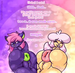 anthro anus balls balls_touching big_anus big_balls bodily_fluids butt clitoris comparing comparing_butts dialogue duo fur genitals hair herm herm/herm herm_anthro huge_anus huge_balls hyper hyper_anus hyper_genitalia intersex intersex/intersex intersex_anthro inviting maleherm musk nude onomatopoeia pink_hair plump_labia puffy_anus simple_background smelly smile sound_effects squish sweat text tongue vulva dogslickingsoda soda_(dogslickingsoda) bat canid canine canis domestic_dog mammal 2021 digital_media_(artwork) english_text