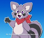 4_fingers anthro blue_background fangs fingers happy male open_mouth purple_eyes simple_background solo tail teeth text fuyugaki15 indigo_park rambley_raccoon mammal procyonid raccoon 2024 english_text hi_res japanese_description subtitled