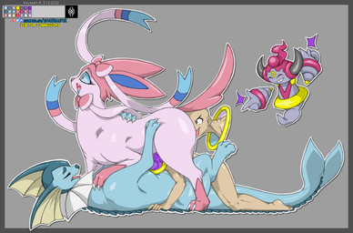 ambiguous_gender bestiality claws ears_back eyes_closed feral fin floating from_front_position group group_sex horn hug human_on_feral interspecies logo looking_pleasured lying male male/ambiguous missionary_position non-euclidean_sex on_back open_mouth orgasm orgasm_face orgy pivoted_ears pokephilia portal portal_sex raised_tail ring sex simple_background smile sucking tail tail_fin text thinking_with_portals tongue tongue_out toony trio kayasamix nintendo pokemon pokemon_trainer eeveelution generation_1_pokemon generation_6_pokemon hoopa hoopa_(confined) human legendary_pokemon mammal pokemon_(species) sylveon vaporeon 2022 absurd_res colored detailed hi_res traditional_media_(artwork)