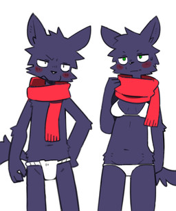 anthro asian_clothing bikini bikini_bottom bikini_top biped blue_body blue_fur blush bodily_fluids cheek_tuft clothed clothing crossgender dog_tail duo east_asian_clothing embarrassed facial_tuft female front_view fundoshi fur green_eyes head_tuft hip_tuft japanese_clothing male midriff mtf_crossgender navel partially_clothed scarf slim slim_anthro slim_female slim_male sweat swimwear tuft two-piece_swimsuit underwear pizademokttero nifram_logan canid canine canis mammal wolf 2025 5:6 absurd_res digital_drawing_(artwork) digital_media_(artwork) hi_res