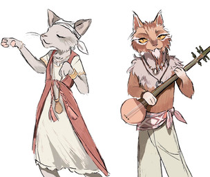 anthro beard bottomwear brown_body brown_fur clothed clothing dress duo facial_hair fangs female fur grey_body grey_fur jewelry male multicolored_body multicolored_fur musical_instrument pawpads paws pink_nose plucked_string_instrument string_instrument teeth topless tuft sauzzei netflix the_house_(netflix) cosmos_(the_house) jen_(the_house) domestic_cat felid feline felis mammal digital_media_(artwork) hi_res