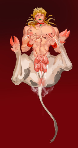 abs big_nipples blonde_hair bodily_fluids bracelet breast_grab breasts choker cloven_hooves crying cum ear_piercing ear_ring eyebrows eyelashes fingernails fur genital_fluids genitals gradient_background green_lipstick grey_body grey_fur grey_markings hair hand_on_breast hooves humanoid_genitalia humanoid_penis jewelry lactating lipstick long_fingernails lying makeup male male_lactation markings milk multi_genitalia multi_penis muscular muscular_male nails necklace nipples on_back pecs penis piercing red_background ring_piercing simple_background solo tail tears white_body white_fur ashva jojo's_bizarre_adventure dio_brando animal_humanoid bovid bovine cattle humanoid mammal mammal_humanoid satyr digital_drawing_(artwork) digital_media_(artwork) hi_res