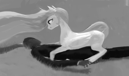 bestiality clothed clothing cuddling duo feathered_wings feathers female female_on_top feral hair horn human_on_feral interspecies long_hair long_tail lying male male/female male_on_bottom on_back on_bottom on_top outside smile tail white_body white_skin wings remi721 friendship_is_magic hasbro my_little_pony mythology anon princess_celestia_(mlp) equid equine human mammal mythological_creature mythological_equine winged_unicorn monochrome