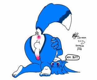 anthro anus balls blue_body blue_fur butt erection fur genitals humanoid_genitalia humanoid_penis looking_at_viewer male nude penis simple_background smile solo text white_background white_body white_fur cake_top avery_(cake_top) mammal 2015 digital_media_(artwork)