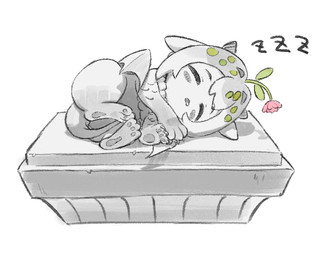 ambiguous_gender blush column eyes_closed feral flower_on_head grey_body horn membrane_(anatomy) membranous_wings open_mouth pawpads sculpture simple_background sleeping solo sound_effects statue tail vowelless vowelless_sound_effect white_background wings zzz uito_yzwa arknights hypergryph studio_montagne questioning_statue_(arknights) animate_inanimate felid living_statue mammal 2026 digital_media_(artwork)