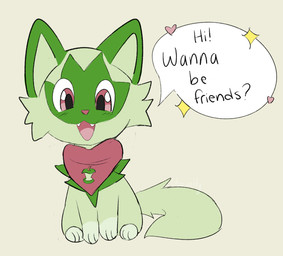 ambiguous_gender asking feral fur green_body green_fur open_mouth open_smile smile solo talking_to_viewer text bloowolfy nintendo pokemon felid feline generation_9_pokemon mammal pokemon_(species) sprigatito 2022 english_text full-length_portrait portrait
