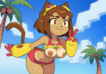 anthro bent_over breasts female flashing gesture hair hand_gesture nipples nude outside short_hair smile solo standing tail v_sign ojoqtlv gameoverse glitch_productions kit_bodega domestic_cat felid feline felis mammal 2026 hi_res
