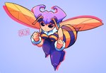 5_fingers blush breasts clothing female fingers simple_background smile solo wings bacun capcom darkstalkers q-bee animal_humanoid arthropod arthropod_humanoid bee_humanoid humanoid hymenopteran hymenopteran_humanoid insect insect_humanoid 2021 hi_res signature