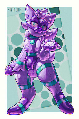 abstract_background anthro bdsm beckoning blue_collar blue_eyes blue_straps bodysuit bondage border bound chastity_bulge chastity_device clothing collar encasement gesture glistening glistening_body glistening_latex hypnosis hypnotic_eyes implied_transformation latex latex_body latex_bodysuit latex_clothing latex_skinsuit lock_bulge lock_symbol looking_at_viewer male mask mind_control nude nude_anthro null_bulge pawpads paws purple_body skinsuit solo spiral spiral_eyes tail tight_clothing trapped tuft wearing_chastity_device white_border mintychipart nintendo pokemon rubbermon fiona_(nachie) felid floragato generation_9_pokemon mammal pokemon_(species) 2025 digital_drawing_(artwork) digital_media_(artwork) hi_res krita_(artwork) portrait shaded