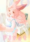 anthro biped bottomless breasts brown_eyes cleavage clothed clothing comic curtains dress electronics english_text female fur hair hi_res kemono kiichi lagomorph leporid long_ears long_hair looking_at_viewer mammal momo_(disambiguation) momo_(kiichi) nightgown open_mouth pink_body pink_fur pink_hair rabbit smile solo standing television text whiskers