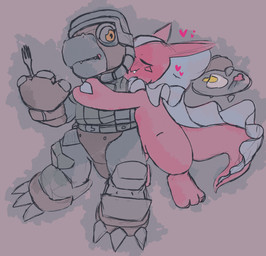 anthro armor blue_body blue_scales blush claws duo female fried_egg frill_(anatomy) headgear heart_symbol helmet hug kissing_cheek male male/female military pink_body pink_scales scales smile soldier warrior yogurtpubes bandai_namco digimon digimon_beatbreak commandramon digimon_(species) elizamon scalie absurd_res hi_res