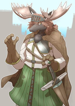 anthro antlers armor brown_body clothed clothing female hair horn looking_at_viewer melee_weapon red_hair solo sword weapon yellow_eyes mttbsmn arses_(mttbsmn) deer mammal new_world_deer reindeer absurd_res hi_res