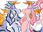 antennae_(anatomy) anthro apode big_breasts black_sclera blue_body breasts duo featureless_arms featureless_breasts female horn legless orange_body pseudo_hair serpentine simple_background sabi_furashi aquatic_gastropod draconcopode gastropod marine mollusk sea_slug slug 4:3 hi_res