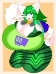 anthro big_breasts blue_eyes bottomwear bra bracelet breasts chain_necklace clothing electronics female fur gesture green_bottomwear green_clothing green_pants green_shirt green_topwear hand_gesture headphones huge_breasts huge_thighs jewelry necklace pants shirt solo thick_thighs topwear underwear v_sign white_body white_fur charuru hi-rez_studios paladins_(game) salt_(paladins) canid canine fox mammal absurd_res hi_res