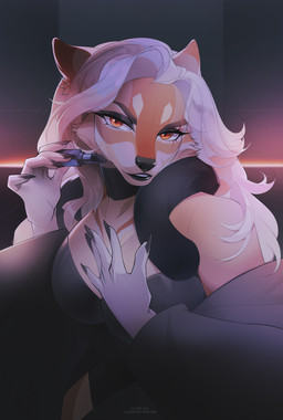 anthro clothed clothing female female_anthro front_view fur grey_clothing grey_topwear hair holding_lipstick looking_at_viewer orange_body orange_fur red_eyes solo tan_body tan_fur text topwear white_body white_fur white_hair unknowhiter canid canine mammal 2024 absurd_res artist_name dated hi_res
