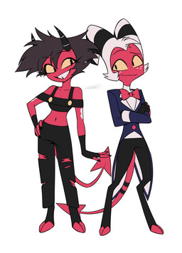 canon_couple clothed clothing cloven_hooves duo eyelashes female freckled_face freckles hooves horn husband_and_wife long_eyelashes male married_couple red_body red_skin simple_background spade_tail tail white_background enaic31 hellaverse helluva_boss millie_(helluva_boss) moxxie_(helluva_boss) demon demon_humanoid humanoid imp absurd_res hi_res