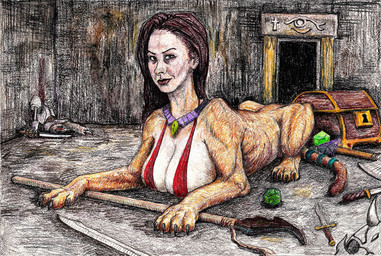 axe battle_axe big_breasts blood bodily_fluids bone bra breasts brown_hair claws clothing corpse death female fur gem green_eyes hair humanoid_face jewelry knife melee_weapon necklace red_bra red_clothing red_underwear skull smile smirk solo sword tan_body tan_fur treasure_chest underwear weapon cryptoflopsy dungeons_and_dragons hasbro mythology wizards_of_the_coast gianna_michaels felid mammal mythological_creature mythological_sphinx 2010 traditional_media_(artwork)