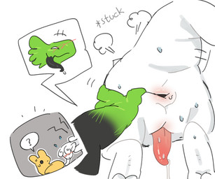 ambiguous_gender anus black_eyes black_tongue blush blush_lines bodily_fluids disembodied_hand dripping duo_focus embarrassed feral genital_fluids genitals green_body group male male/ambiguous multicolored_body penis precum precum_drip simple_background spread_anus spreading stuck sweat tapering_penis text tongue white_background white_body white_eyes yellow_body dog_phenomenon rain_world videocult monk_(rain_world) survivor_(rain_world) green_lizard_(rain_world) lizard_(rain_world) slugcat 6:5 english_text sibling_(lore)
