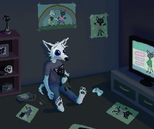 anthro black_body blue_bottomwear blue_clothing blue_pants bottomwear clenched_teeth clothed clothed_male clothing controller detailed_background electronics game_controller grey_clothing grey_shirt grey_t-shirt grey_topwear inside male pants poster shelf shirt solo t-shirt teeth television topwear demensa canid canine canis mammal wolf 2021 6:5 digital_media_(artwork) pixel_(artwork)