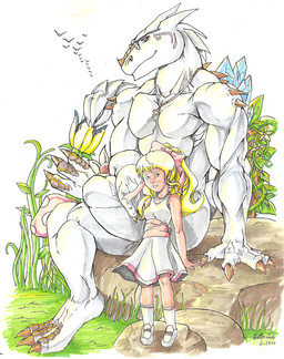 accessory athletic blonde_hair bow_(feature) bow_accessory bow_ribbon claws clothing cross cross_necklace dress duo_focus eyewear female flower footwear glasses grass group hair hair_accessory hair_bow hair_ribbon jewelry large_group leaf looking_at_viewer male muscular nails necklace plant ribbons rock scales shoes sitting size_difference slim smile spikes white_body white_clothing white_dress white_skin walter_sache grygon_the_divine_creature_(walter_sache) kemra avian bird demon human mammal reptile scalie 2010 dated