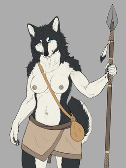 5_fingers anthro areola athletic athletic_anthro athletic_female biceps big_breasts black_body black_fur black_nose blue_eyes bottomwear breasts clothed clothing female fingers fur holding_melee_weapon holding_object holding_polearm holding_spear holding_weapon humanoid_hands melee_weapon multicolored_body multicolored_fur navel nipples pink_areola pink_nipples polearm skirt solo spear topless topless_anthro topless_female tribal two_tone_body two_tone_fur weapon white_body white_fur solokhoniir canid canine canis domestic_dog husky mammal nordic_sled_dog spitz 2023 3:4 hi_res