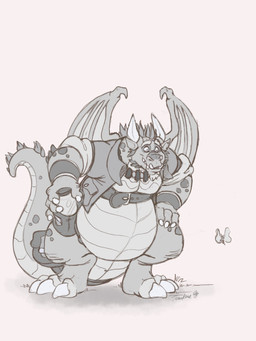 2_horns 3_toes 4_fingers anthro belly belt biped bottle bottomless bottomless_anthro bottomless_male claws closed_smile clothed clothed_anthro clothed_male clothing collared_shirt container countershade_scales countershade_tail countershade_torso countershading digitigrade ear_piercing eyebrows featureless_crotch feet finger_claws fingers grass hand_on_knee hand_on_leg holding_bottle holding_container holding_object horn humanoid_hands looking_down male male_anthro markings membrane_(anatomy) membranous_wings mouth_closed open_clothing open_shirt open_topwear overweight overweight_anthro overweight_male piercing plant rolled_up_sleeves scales shirt simple_background smile solo spiked_tail spikes spikes_(anatomy) spots spotted_body spotted_scales tail teeth three-quarter_view toe_claws toes topwear underbite wings teaselbone activision european_mythology mythology spyro_reignited_trilogy spyro_the_dragon fan_character ambient_arthropod ambient_butterfly ambient_insect dragon mythological_creature mythological_scalie scalie western_dragon winged_dragon 2018 3:4 full-length_portrait greyscale hi_res monochrome portrait signature
