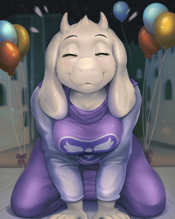 5_fingers all_fours anthro balloon breasts building clothing eyes_closed female fingers front_view fur horn inflatable mature_anthro mature_female medium_breasts purple_clothing smile solo white_body white_fur wide_hips littlenapoleon undertale_(series) toriel boss_monster_(undertale) bovid caprine goat mammal 2025 4:5 digital_media_(artwork) hi_res