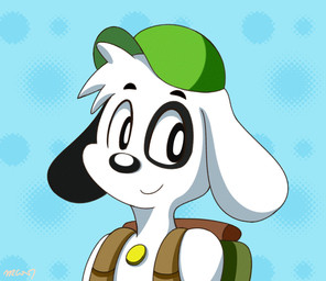 anthro backpack backpack_only baseball_cap closed_smile clothing eye_patch_(marking) facial_markings floppy_ears folded_ears fur hat head_markings headgear headwear male male_anthro markings mismatched_ears mouth_closed patch_(marking) simple_background smile solo white_body white_fur rex100 doki_adventures doki_(character) canid canine canis domestic_dog mammal 2021 bust_portrait digital_media_(artwork) hi_res portrait