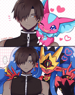 blue_body blue_eyes blue_hair blue_inner_ear blue_scales brown_hair claws cute_fangs duo ear_piercing fangs female feral frill_(anatomy) hair heart_symbol male membrane_(anatomy) membranous_frill one_eye_closed open_mouth open_smile piercing pink_body pink_ears pink_scales red_body red_ears red_skin scales smile teeth waka_88000 bandai_namco digimon digimon_liberator owen_dreadnought digimon_(species) elizamon human humanoid mammal medusamon 2026 hi_res